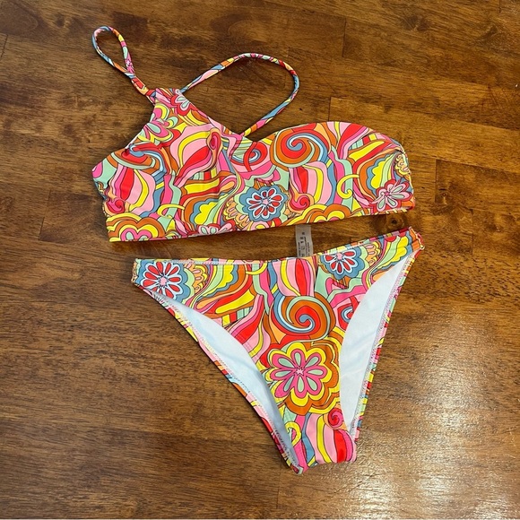 SHEIN pink yellow orange two piece swimsuit size medium 60s 70s psychedelic - Picture 1 of 5